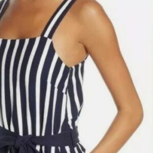 J Crew Jumpsuit Navy Blue White Striped Knit Cropped Wide Leg Pockets